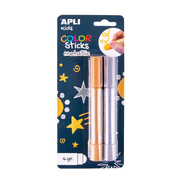 Apli Color Sticks Pack con 2 Temperas Solidas de 6g - No Manchan, Acabado Satinado, Secado Rapido - Efecto Cera o Tempera Segun Presion - Flexible y sin Disolventes - Colores Oro y Plata