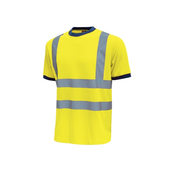 Upower Glitter Camiseta con Rayas Reflectantes - Talla 2XL - Cuello y Mangas Elasticas, Banda para el Sudor, Alta Transpirabilidad, Proteccion DPI2, Hasta 50 Lavados - Color Amarillo Fluores