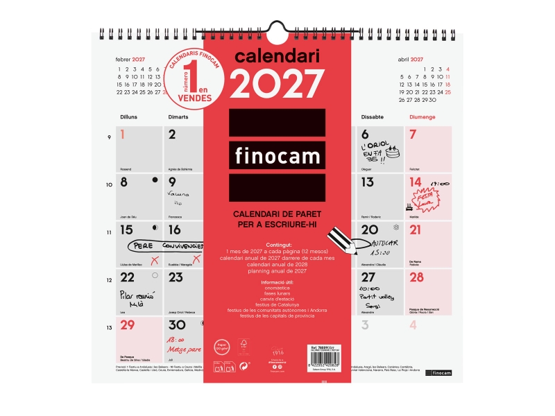Finocam Neutro Calendario de Pared en Catalan - Anual 2027 - Mes Vista - Formato L - 340x320mm - Espiral Doble - Papel de 120g/m2 - Espacio para Escribir - Color Rojo y Blanco