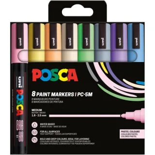 Posca PC-5M/8C Estuche de 8 Marcadores de Pintura - Punta de Bala 1.8-2.5mm - Tinta Base al Agua - Resistente a la Luz - No Permanente - Colores Pastel Surtidos