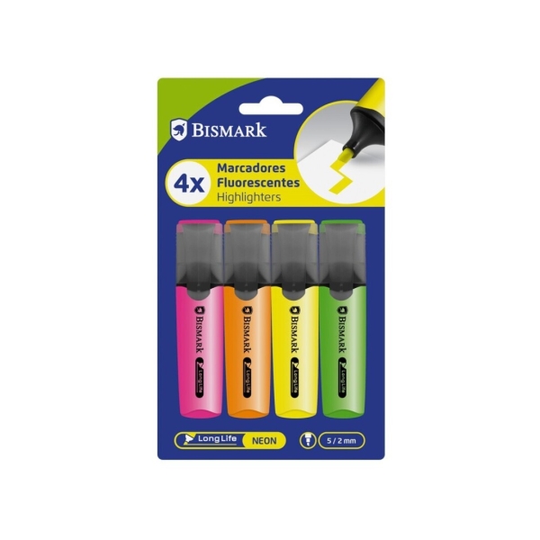 Bismark Long-Life Pack de 4 Marcadores Fluorescentes - Punta Biselada 2 - 5mm Aprox - Tinta Base de Agua - Larga Duracion - Colores Neon Surtidos