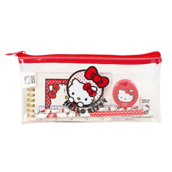 Safta Hello Kitty Pack Escolar con Portatodo de PVC - Cierre ZIP - Regla 15cm - 2 Lapices - Sacapuntas - Goma - Bloc de Notas con 70 Hojas - 225x105mm - Color Transparente