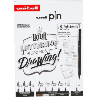 Uni-ball Uni Pin Lettering Pack de 8 Rotuladores Calibrados 0.5, 0.9, 1.2, Brush y Extra Fine Brush + 1 Portaminas Shalaku S + 3 Tutoriales + Consejos, Sugerencias etc... - Tinta Pigmentada