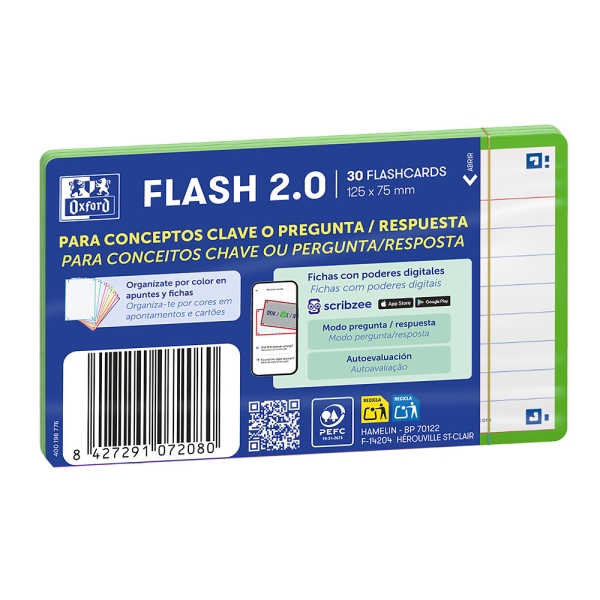 Oxford Pack de 30 FlashCards 2.0 - Formato A7 - Rayado Horizontal 1 Linea - Cartulina de 250g - Digitalizacion de Textos con App - Color Verde
