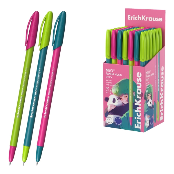 ErichKrause Neo Stick Panda Hugs Boligrafo con Capuchon - Modelos Surtidos - Trazo 0.26mm - Tinta de Baja Viscosidad - Tapa Ventilada - Color Azul · Pack de 50 uds.
