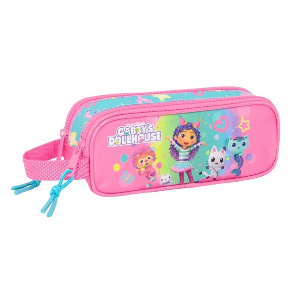 Safta Gabby's Dollhouse Confetti Portatodo - 2 Compartimentos con Cremalleras - Asa Lateral - 1L - 210x60x80mm - Color Rosa