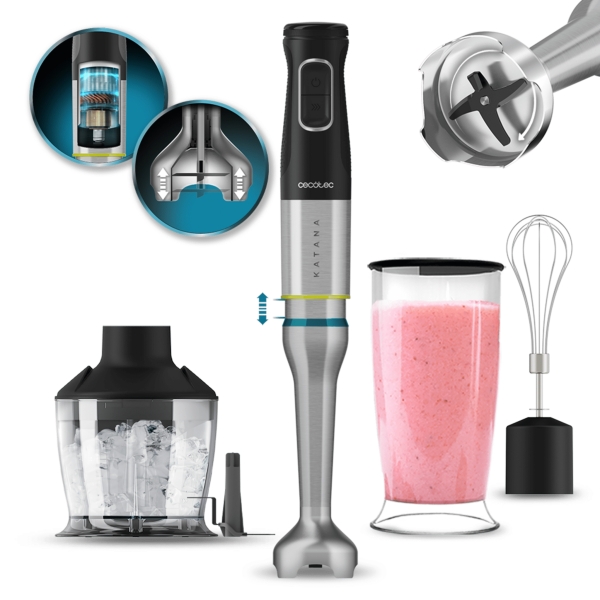 Cecotec Katana 15 Chop Batidora de Mano - 1500W - Funcion Oscilante - Cuchillas de Titanio - 21 Velocidades - Campana Antisalpicaduras - Vaso 800ml - Libre de BPA - Accesorios - Funcion Turb