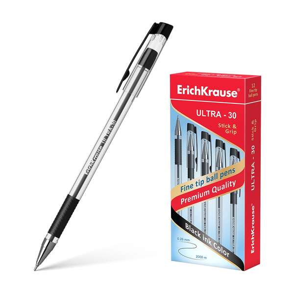 Erichkrause Boligrafo Ultra-30 - Recargable con Punta Fina Fine Tip - Cuerpo Transparente con Agarre de Goma - Tinta Color Negro - 2000m de Escritura Precisa y Rapida - Color Negro · Pack de 12 uds.