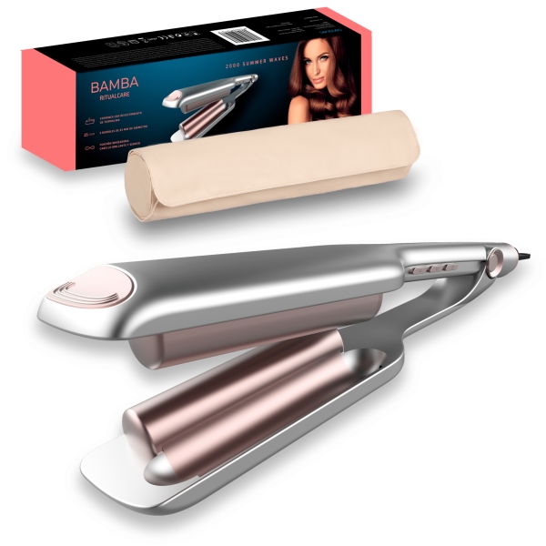 Cecotec Bamba RitualCare 2000 Summer Waves Plancha de Pelo para Ondas - Temperatura Regulable - Funcion Ionizadora - Punta Fria - Cable 360º de 1.8m - Bolsa de Viaje - Autoapagado - Color Pl