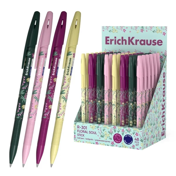ErichKrause R-301 Stick Floral Soul Expositor con 48 Boligrafos con Capuchon - Modelos Surtidos - Trazo 0.35mm - Tinta de Secado Rapido - Tapa Ventilada - Color Azul