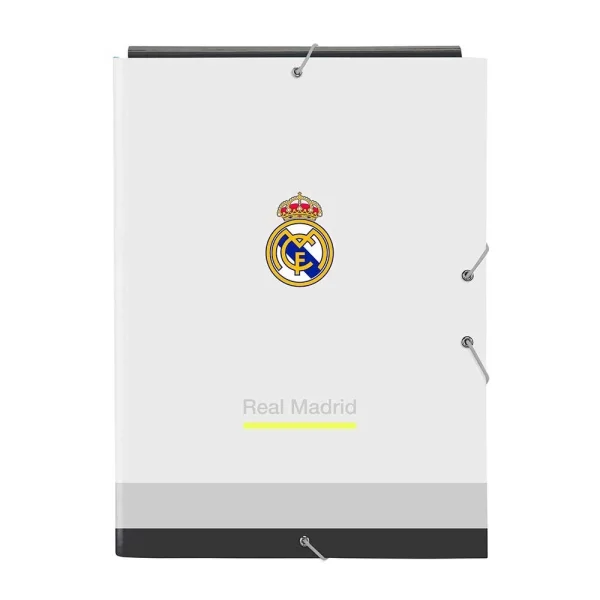 Safta Real Madrid Carpeta 3 Solapas - Tapas Duras Forradas - Cierre con Gomas Elasticas - Formato Folio - 26x33.5x2.5cm - Color Blanco y Negro