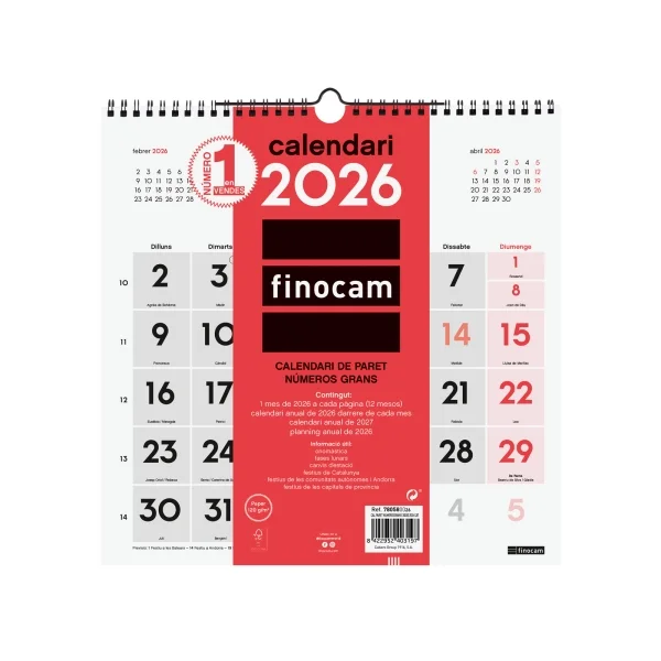 Finocam Calendario de Pared en Catalan - Anual 2026 - 300x5x310mm - Numeros Grandes - Color Blanco y Rojo