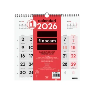 Finocam Calendario de Pared en Catalan - Anual 2026 - 300x5x310mm - Numeros Grandes - Color Blanco y Rojo