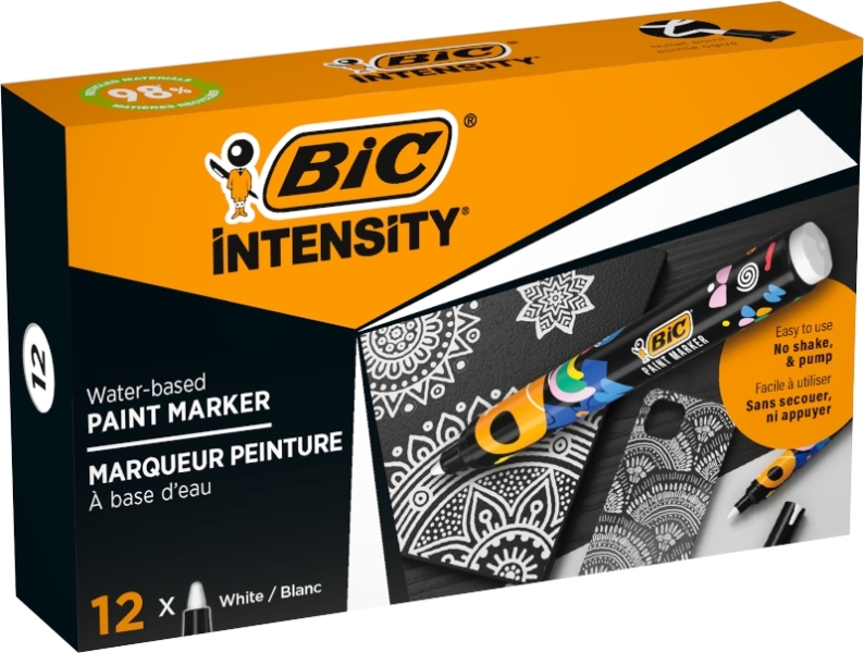 Bic Intensity Marcador de Pintura - Punta Media - Tinta con Base de Agua - 98% de Materiales Reciclados - Color Blanco · Pack de 12 uds.