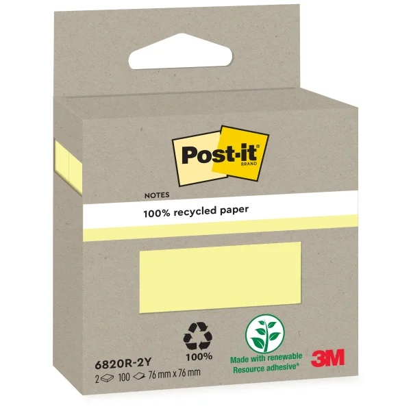 Post-It Pack de 2 Blocs de 100 Notas Adhesivas Recicladas - Forma Cuadrada - Color Amarillo Claro