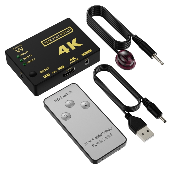 Ewent Switch Conmutador HDMI 3 a 1 - Resolucion 4K - Mando a Distancia - Incluye Cable de Alimentacion e IR - Color Negro