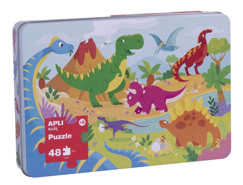 Apli Kids Puzle Dinosaurios - 48 Piezas de 5.5x6cm - Caja Metalica Rectangular - Diseño Exclusivo Infantil, Colorido, Claro y Simple - Piezas Resistentes y Seguras - Grosor de 2mm con Acabad