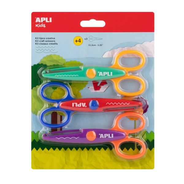 Apli Kids Pack con 3 Tijeras Escolares Creativas 13.5cm - 3 Cortes Distintos: Curva, Dentada y Zig Zag - Colores Surtidos
