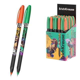 ErichKrause U-109 Stick and Grip Dino Art Boligrafo con Capuchon - Modelos Surtidos - Trazo 0.3mm - Zona de Agarre de Goma - Tinta de Baja Viscosidad - Tapa Ventilada - Color Azul · Pack de