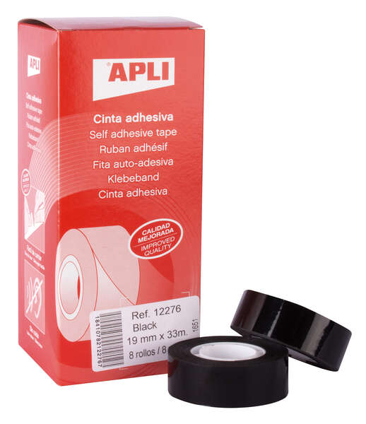 Apli Cinta Adhesiva Negra 19mm x 33m - Resistente al Agua y a la Intemperie - Facil de Cortar con las Manos - Ideal para Uso en Exteriores Negro · Pack de 8 uds.