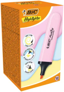 Bic Marking Highlighter Flat Marcador Fluorescente - Punta Biselada - Trazo entre 1.20 y 4.60 mm - Tinta con Base de Agua - Color Rosa Pastel · Pack de 12 uds.