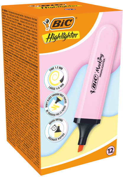 Bic Marking Highlighter Flat Marcador Fluorescente - Punta Biselada - Trazo entre 1.20 y 4.60 mm - Tinta con Base de Agua - Color Rosa Pastel · Pack de 12 uds.