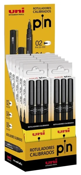 Uni-ball Uni Pin Expositor con 12 Estuches de 3 Rotuladores Calibrados 0.2, 0.4, 0.8 - Punta Poliacetal - Tinta Pigmentada Resistente al Agua y Luz - Ideal para Dibujo Profesional y Escritura - Color Negro