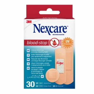 Nexcare Blood-Stop Pack de 30 Apositos Surtidos - Resistente al Agua - Mayor Rapidez Deteniendo Hemorragias - Color Piel