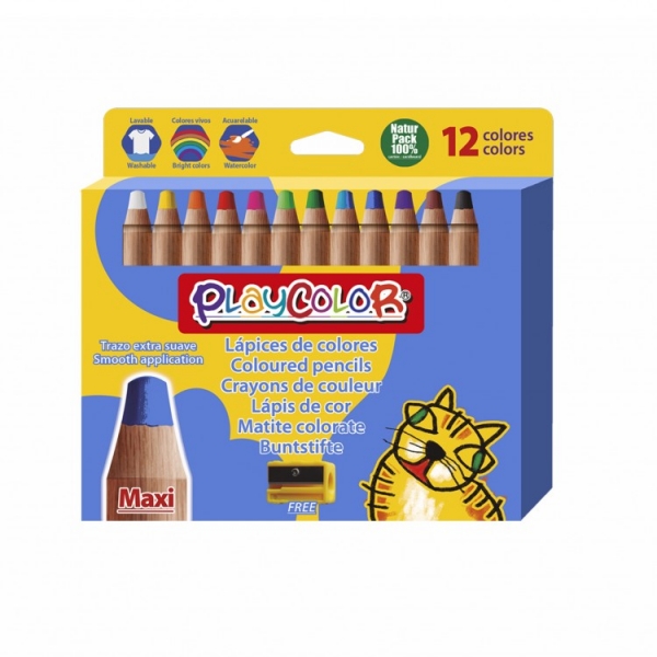 PlayColor Pack de 12 Lapices de Colores de Punta Gruesa + Sacapuntas - Trazo Extrasuave - Apto para Papel, Carton, Vidrio etc... - Colores Surtidos