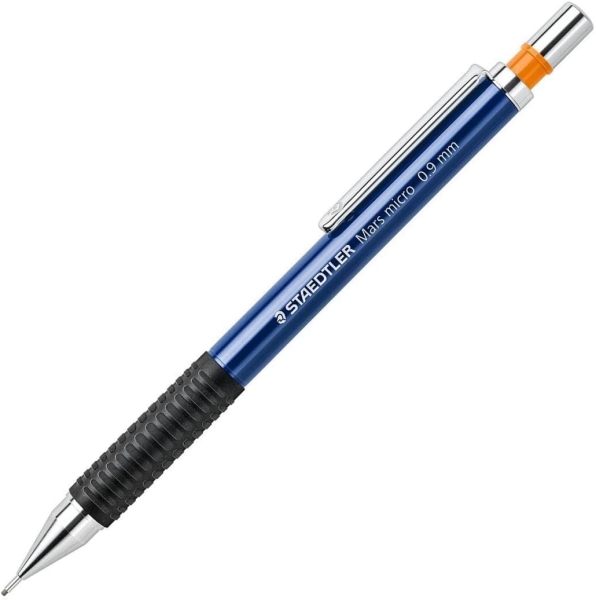 Staedtler Mars Micro 775 Portaminas 0.9mm - Punta Metalica Retractil - Mina Amortiguada - Grip de Caucho - Clip Metalico - Color Azul · Pack de 10 uds.