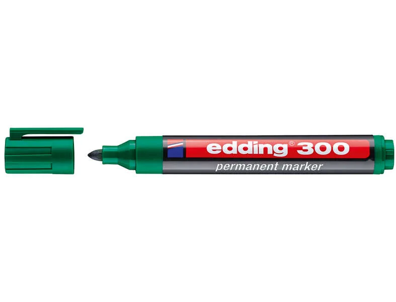 Edding 300 Rotulador Permanente - Punta Redonda - Trazo entre 1.5 y 3 mm. - Tinta Casi Inodora - Capuchon con Clip - Secado Rapido - Color Verde · Pack de 10 uds.