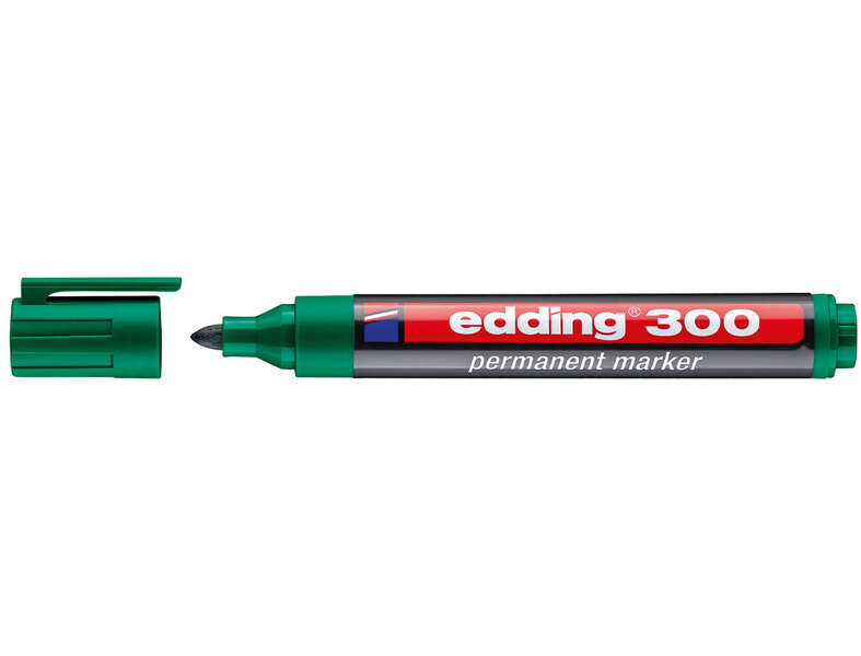 Edding 300 Rotulador Permanente - Punta Redonda - Trazo entre 1.5 y 3 mm. - Tinta Casi Inodora - Capuchon con Clip - Secado Rapido - Color Verde · Pack de 10 uds.