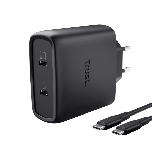 Trust Maxo Cargador de Pared - 65W - GaN - 2xUSB-C - Cable USB-C de 2m - Power Delivery - Plastico Reciclado - 30x63x97mm - Color Negro