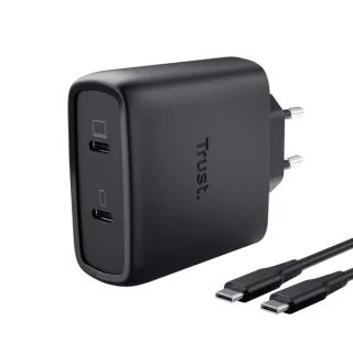 Trust Maxo Cargador de Pared - 65W - GaN - 2xUSB-C - Cable USB-C de 2m - Power Delivery - Plastico Reciclado - 30x63x97mm - Color Negro