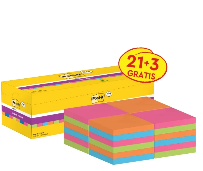 Post-It Super Sticky Pack de 24 Blocs de 90 Notas Adhesivas Reposicionables - 76x76mm - Promocion 21 Blocs + 3 Gratis - Colores Surtidos