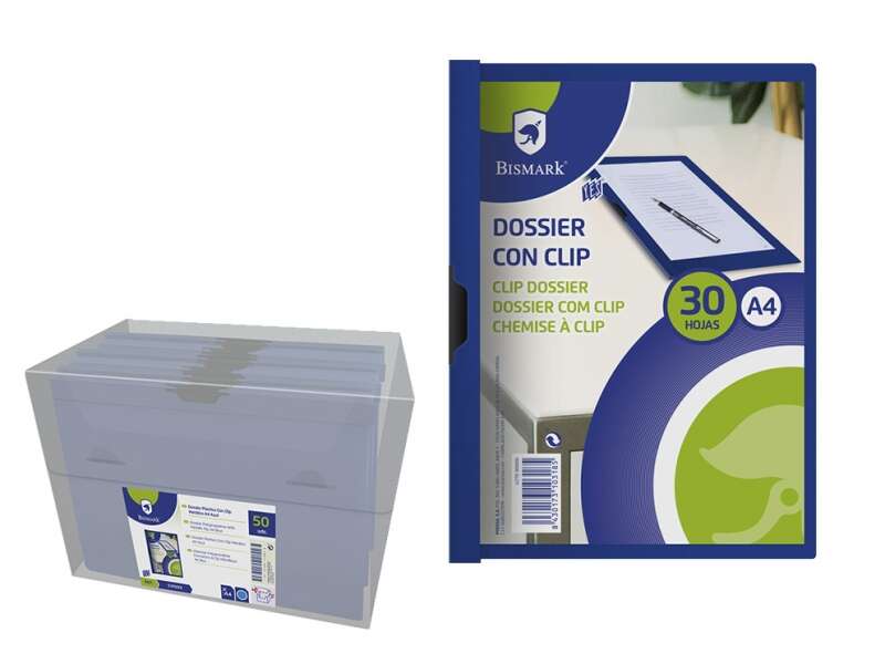 Bismark Dossier para 30 Hojas A4 con Clip Metalico Lateral - Polipropileno Transparente - Color Azul · Pack de 5 uds.
