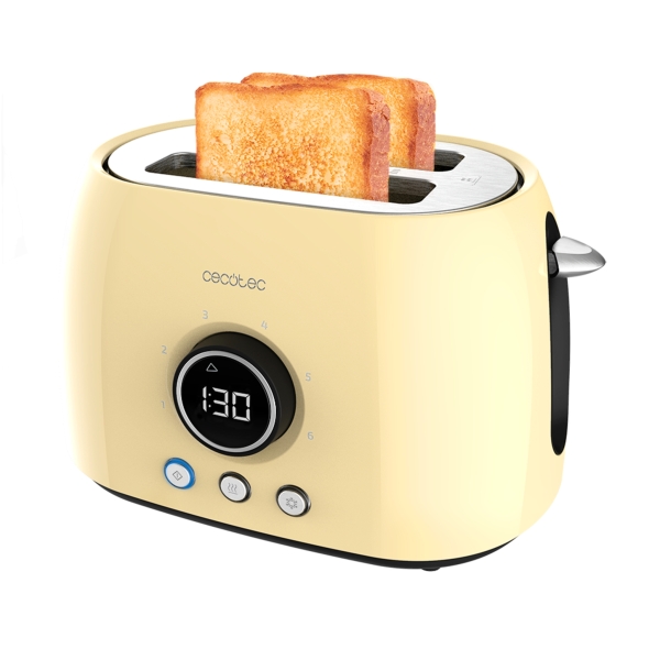 Cecotec ClassicToast 8000 Tostadora de Doble Ranura - 800W - Pantalla Digital - Ranura Ancha - 3 Funciones - Calienta Panecillos - 6 Niveles - Extra Elevacion - Autocentrado - Color Amarillo