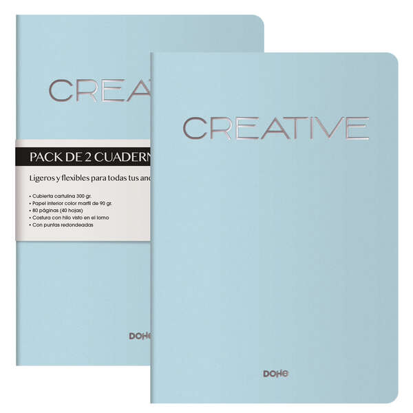 Dohe Creative Cuaderno Notebook A4 40 Hojas Lisas - Papel Ahuesado 90 g/m2 - Tapa en Cartulina 300g/m2 - Color Azul · Pack de 2 uds.