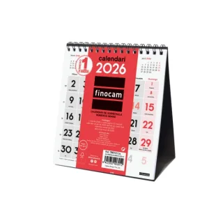 Finocam Calendario de Sobremesa en Catalan - Anual 2026 - 140x70x155mm - Numeros Grandes - Color Blanco y Rojo