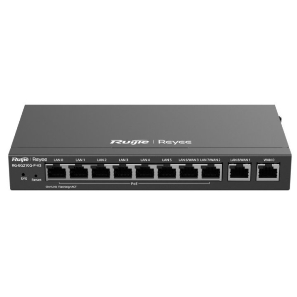 Ruijie RG-EG210G-P-V3 Router Gestionado - 10 Puertos - 8x PoE 110W - Soporta hasta 4 Enlaces WAN - 600Mbps - Capacidad hasta 200 Usuarios - Gestion en la Nube - Color Gris Oscuro