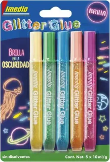 Imedio Glitter Glue "Brilla en la Oscuridad" Pack de 5 Tubos de Pegamento con Brillantina 10ml - Brilla en la Oscuridad - Para Distintos Materiales - Tubo Extrablando - Boquilla de Precision