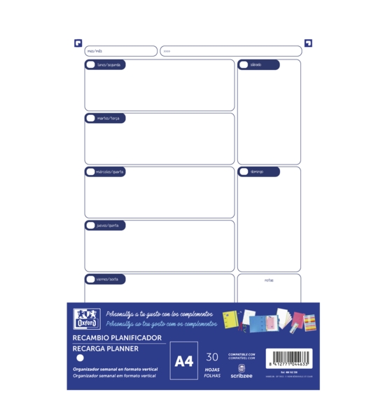 Oxford Recambio Planificador A4 30 Hojas - No Fechado - Ideal para Organizar tus Tareas Diarias - Compatible con la Mayoria de los Planificadores A4 · Pack de 15 uds.