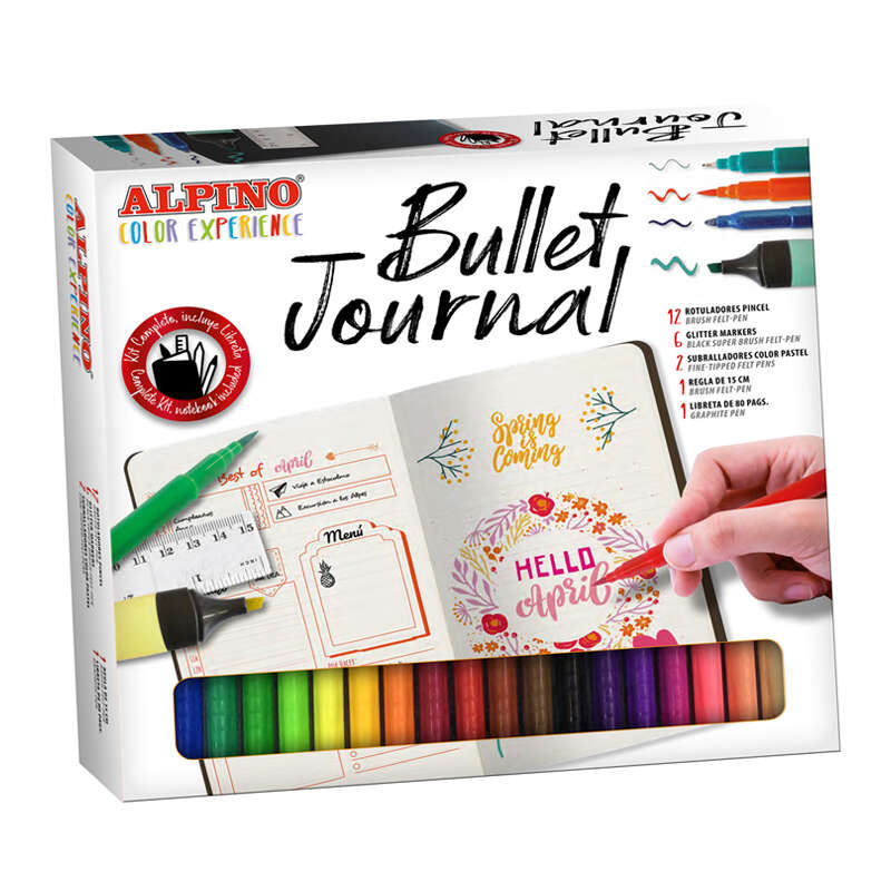 Alpino Color Experience Kit Bullet Journal con 12 Rotuladores Doble Punta (0.7mm y 2.9mm) - 2 Marcadores Pastel - 6 Rotuladores con Efecto Purpurina - Regla de 15cm - Libreta de 80 Paginas -