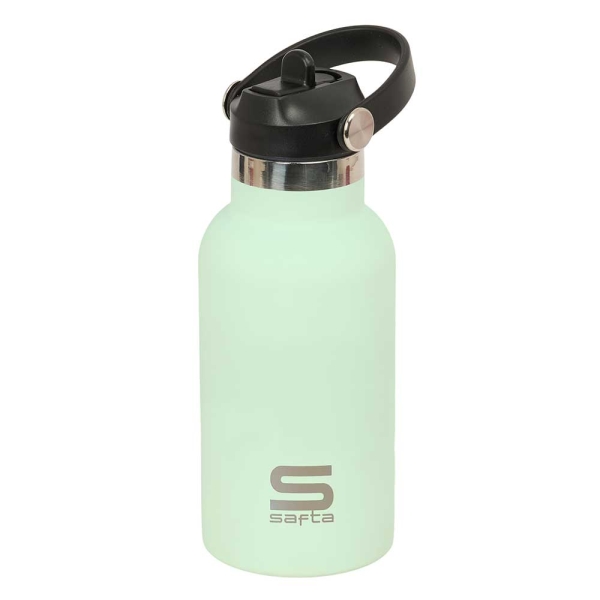 Safta Botella Isotermica Infantil - Capacidad 350ml - Tapon Roscado con Valvula - Base de Silicona - Asa Superior - Acero Inoxidable - 12h Caliente - 24h Frio - 19.5x7.3cm - Color Aguamarina