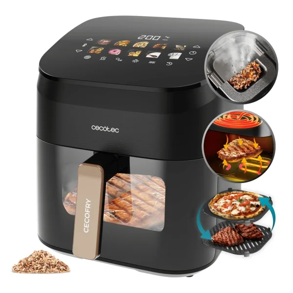 Cecotec Cecofry and Grill Smokin' 6500 Freidora de Aire - 2200W - Capacidad 6.5L - Temperatura Regulable hasta 200ºC - Ahumador Integrado - Ventana de Visualizacion - Color Negro