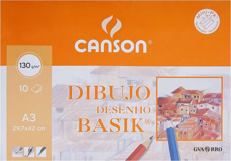 Canson Minipack de 10 Hojas de Dibujo Basik Liso A3 - 29,7x42cm - 130g - Color Blanco
