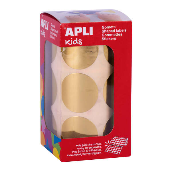 Apli Gomets Redondos Oro Metalizado - Ø33mm - 59 Hojas Pretroqueladas - 708 Gomets por Rollo - Cumplen Normas EN-71 y FSC - Adhesivo Base Agua - Libre de Disolventes - Papeles ECF - Material