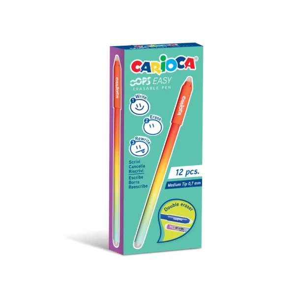 Carioca Oops Easy Boligrafo Borrable con Punta de Ø 0.7mm - Tinta Termo Sensible - Cuerpo con Efecto Degradado - Doble Goma - Color Rojo · Pack de 12 uds.
