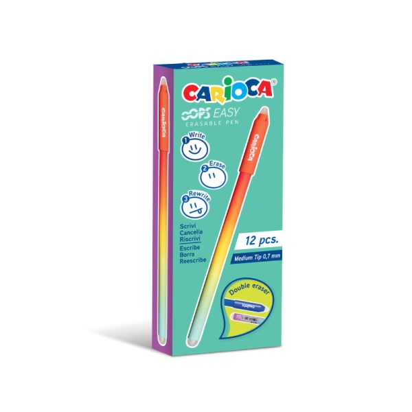 Carioca Oops Easy Boligrafo Borrable con Punta de Ø 0.7mm - Tinta Termo Sensible - Cuerpo con Efecto Degradado - Doble Goma - Color Rojo · Pack de 12 uds.
