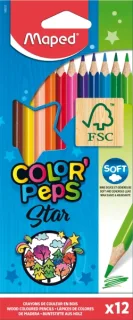 Maped Color´Peps Star Pack de 12 Lapices de Colores Triangulares - Mina Suave - Madera Certificada FSC - Colores Surtidos